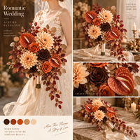 Buket Pengantin Buatan Warna Cokelat Oranye, Bunga Mawar Sutra dan Peony Campuran, Buatan Tangan, Realistis, Vintage, Rustic untuk Pernikahan