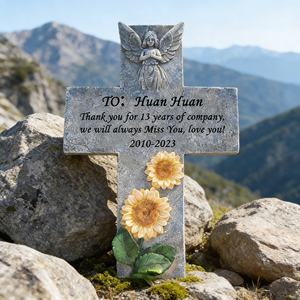 Placa Conmemorativa de Resina Personalizable con Cruz - Nombre/Fecha/Cita Grabable, Diseño de Ángel y Girasol, Ideal para Decoración de Jardín - Product Image 3