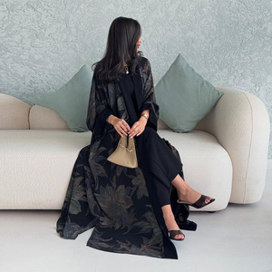 2026 Novo Cardigã Abaya Feminino de Poliéster com Estampa Floral e Cores Contrastantes, Estilo Kimono Indonésio, Camada Dupla, Decote em V, com Conjunto de Hijab Combinando - Product Image 4