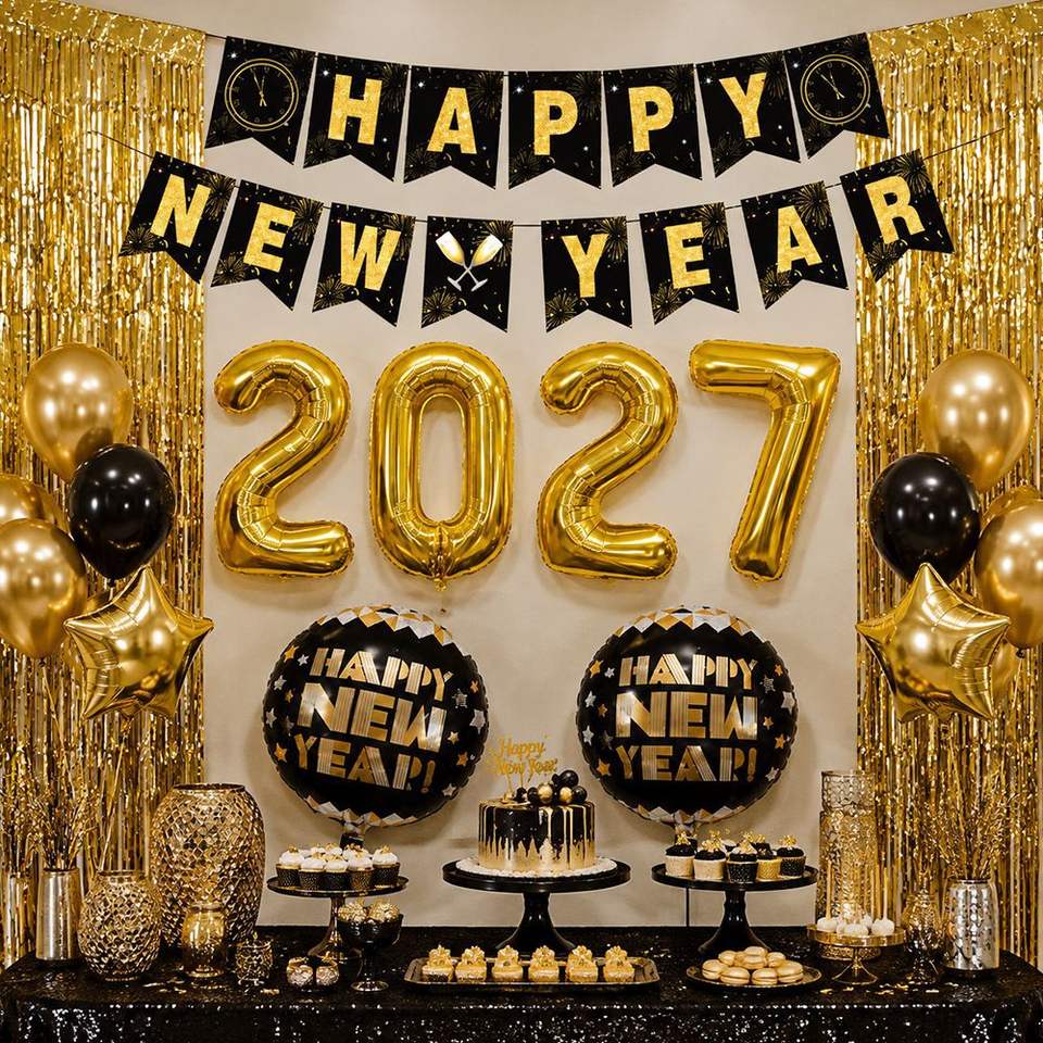 2027 New Year Party Decor Kit Happy New Year Banner Cone Hats Photo ...