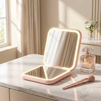 Miroir de maquillage compact pliable à double face avec éclairage LED intégré, finition argentée, personnalisable