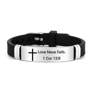Venta al por mayor personalizado grabado versículos de la Biblia Acero inoxidable ID <span class=keywords><strong>Bar</strong></span> pulseras ajustable silicona deportes pulsera para regalos <span class=keywords><strong>cristianos</strong></span> - Product Image 5
