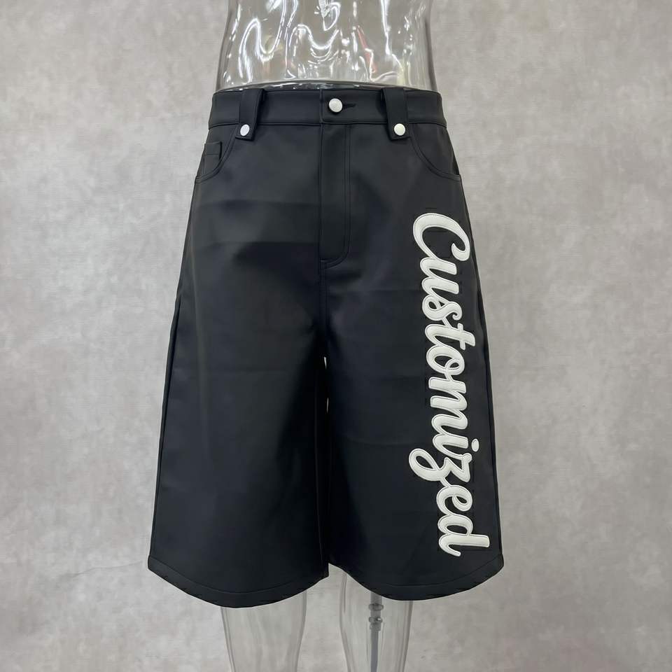 Rivet Pattern Types Men's Custom Embroidered Rivet Studded Baggy Leather Shorts with Zipper ...