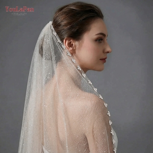 Voile de mariée cathédrale de luxe YouLaPan V179 fait main avec perles, maille scintillante monocouche <span class=keywords><strong>et</strong></span> peigne à cheveux en métal - Product Image 3