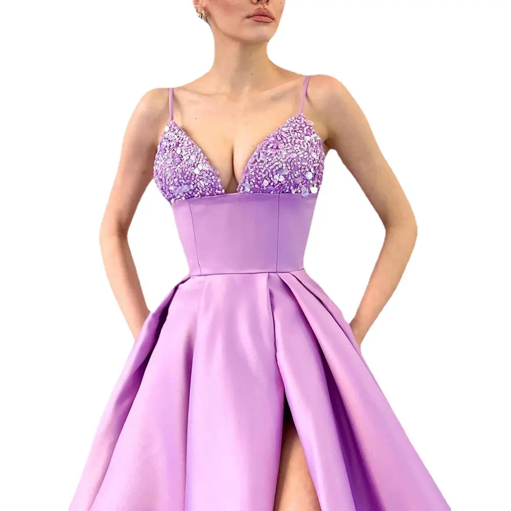 Factory Direct Deep V Sequin Sling Sexy Split Flora Purple Gown 2022 Evening Prom Dress