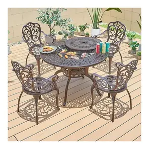 Nordic Restaurant Aluminum Dining Round Table Villa Outdoor Garden Cast BBQ Fire Table For 4 People