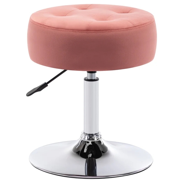 Round Tufted Pink Velvet Vanity Makeup Chair Stool Backless Adjustable Swivel Ottoman for Bedroom