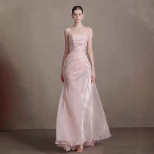 Pink Strapless Wedding Dress Natural Waistline Simple Solid Color Bridal Gown For Coming Of Age Ceremony - Product Image 1