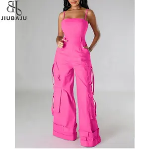 Women Camis Loose Cargo Jumpsuit Sexy Strapless Backless Spaghetti Straps Multi Pockets Wide Leg Pants Casual Overalls