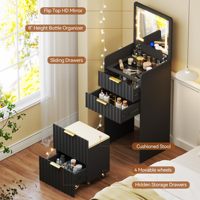 PHOENIX HOME Ensemble de coiffeuse compacte 3-en-1, petite table de chevet noire cannelée à 3 tiroirs, coiffeuse dissimulée pour chambre à coucher