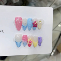 Kuku Palsu Qianya Buatan Tangan Motif Bunga Timbul 3D Musim Semi Musim Panas 10pcs Akrilik Bentuk Almond Grosir