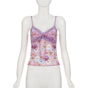 Camisole pour femme style campagne romantique française, imprimé floral et patchwork de dentelle, dos nu, pour les vacances d'été, purement sexy - Product Image 6