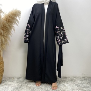 Mode été 2024, abaya ouverte en lin et polyester brodée de fleurs, style Dubaï, long cardigan pour femmes musulmanes, 1407 # - Product Image 5