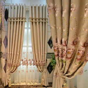 ผ้าม่านกันแสงทำจากผ้าลินินปักลายดอกไม้แบบยุโรปสำหรับห้องนั่งเล่นห้องนอนม่านหน้าต่างแบบมีโครงสีเงิน
