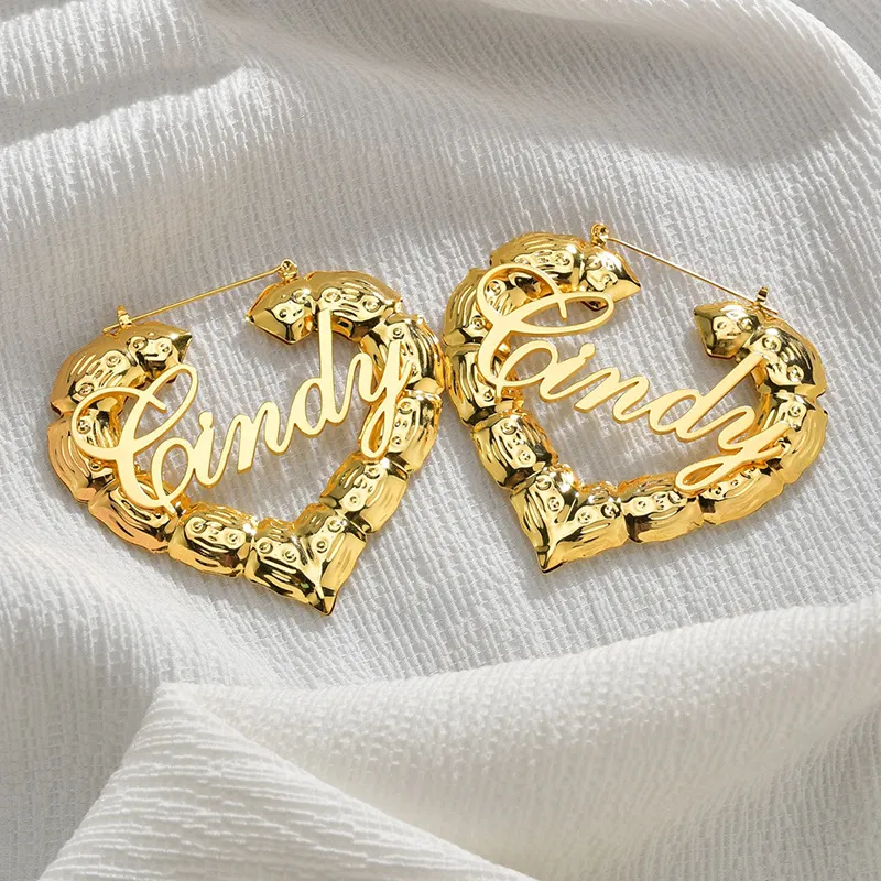 Customized Stainless Steel Made Bamboo Big Heart Shaped Hoop Name Logo Earrings Huggies 18K Gold Plated Jewelry Women Hoops