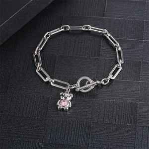 High Quality Stainless Steel Paperclip Chain OT Clasp Closure pink Color Crystal Bear Charm Bracelet - Product Image 4