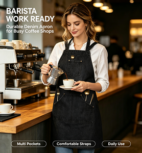 Eco-Friendly Work <b>Apron</b> Barista Chef Special <b>Black</b> Denim <b>Apron</b> Multiple Pockets Adjustable Strap Heavy Duty Water Resistant - Product Image 1