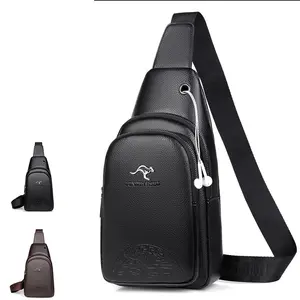 Amazon en çok satan casual erkek PU deri göğüs çantası seyahat su geçirmez tasarımcı omuz askılı çanta ile kulaklık jakı