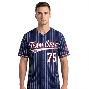 Maillot de baseball bleu marine pour homme, à rayures fines, boutonné sur le devant, à manches courtes, avec motif d'équipe, vêtement de sport athlétique, streetwear décontracté - Product Image 1