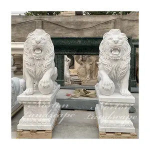 Decoración de jardín escultura de estatuas de bolas de León tallado de mármol de granito para la venta