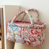Panier de rangement matelassé vintage à motif floral, mini panier de rangement portable pour bureau, boîte de rangement de bureau avec poignée
