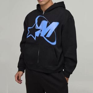 Sudadera con capucha y cremallera completa con estampado de letras Star‑M en negro y azul, pantalones deportivos de pierna recta, conjunto deportivo de dos piezas para hombre - Product Image 3
