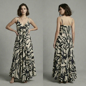 Robe longue décontractée pour femme, style bohème, imprimé floral, en mélange de soie et viscose, col en V, bretelles spaghetti, coupe trapèze ample, taille élastique - Product Image 2