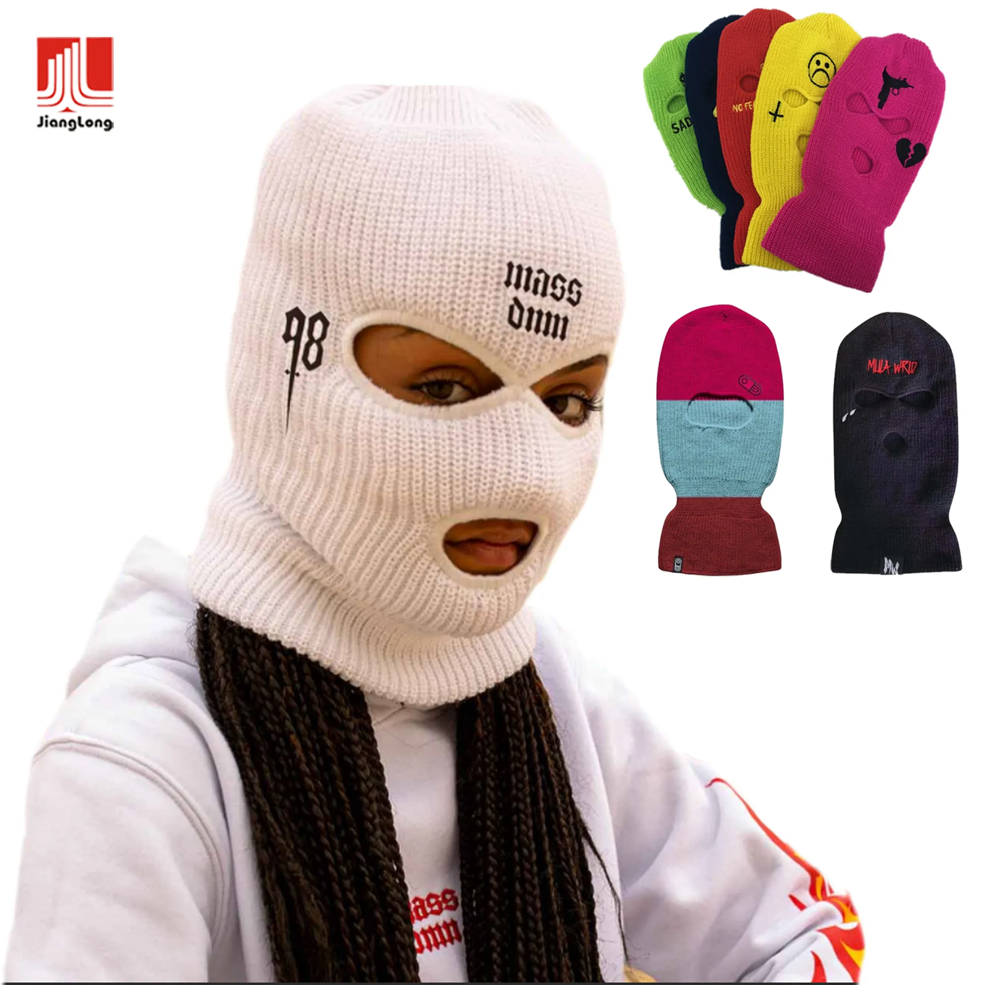 Pasamontañas de punto personalizado, máscara de esquí de 3 agujeros de color puro acrílico, gorro cálido para invierno, venta al por mayor