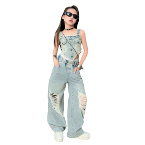 Nouvelle mode 2 pièces ensembles de vêtements pour filles gilet en denim solide sans manches + pantalon en jean déchiré pour les tenues d'été et d'hiver pour les adolescentes - Product Image 1