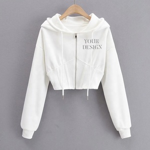 Sudadera con capucha de algodón OEM negra para mujer, personalizada con estampado, de felpa francesa, sexy, corta, de manga larga, para gimnasio, con logo frontal - Product Image 2