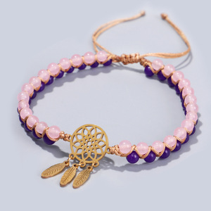 Gold Stainless Steel <strong>Dreamcatcher</strong> Jewelry Agate Pink Crystal Energy Natural Stone Beads Two Double Layers <strong>Bracelet</strong> for Women - Product Image 5