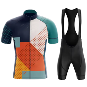 Ensemble de maillot de cyclisme pour homme avec logo personnalisé, motif géométrique multicolore, manches courtes, avec short à bretelles rembourré pour le cyclisme sur route - Product Image 1