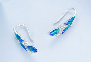 Perhiasan halus kualitas tinggi 925 perak murni Enamel bulu biru pengaturan Pave CZ manset anting pendaki telinga - Product Image 4