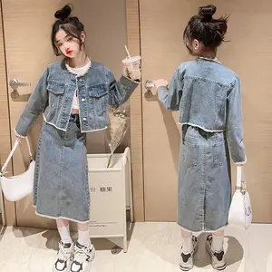 2023 New Fall Fashion Girls Denim 2 pcs Outfits Set Long Sleeved Denim Jacket +Skirt Teenagers Girls Clothing Set