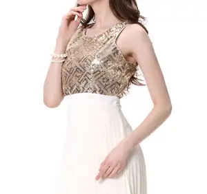 फैशन सुरुचिपूर्ण दौर गर्दन गोल्ड महिलाओं लंबे प्रोम पोशाक नई शैली रंगने की चमकदार धातु प्रोम पोशाक