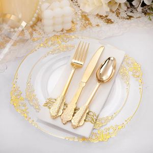Clear Gold Plastic <b>Plates</b> - Gold Plastic Dinnerware Sets <b>Disposable</b> <b>Plates</b>, for Wedding & Party - Product Image 5
