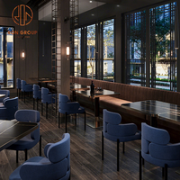 Ensemble de meubles de café moderne, restaurant, chaises en tissu bleu, tables en marbre et canapé en velours brun à dossier haut