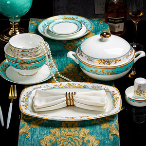 Ensemble de vaisselle de mariage de luxe en céramique de haute qualité Style nordique élégant vert blanc assiettes et bols pour le Moyen-Orient - Product Image 1