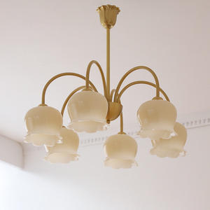 Lustre en cuivre massif de style français vintage, couleur crème, fleur de muguet, éclairage de luxe pour salon, suspension LED, taille moyenne - Product Image 3