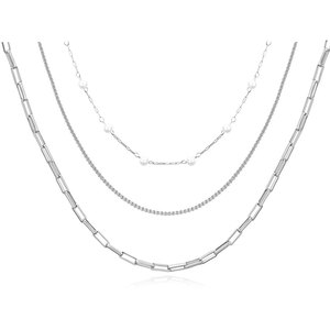 Collar de Cadena en Capas, Chapado en Oro de 18K, Acero Inoxidable, con Acento de Perla, Joyería de Moda para Mujer, Uso Diario, Diseño Geométrico BD1075 - Product Image 5