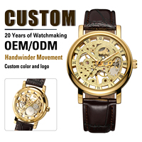 Montres mécaniques à remontage manuel T-winner Golden Skeleton pour hommes avec bracelet en cuir, nouvelle collection, faible MOQ, OEM, montres de mode très vendues
