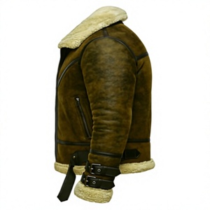 Blouson aviateur réversible en cuir véritable marron pour homme, doublure en fausse fourrure, imperméable, respirant, écologique, coupe ajustée, fermeture éclair - Product Image 2