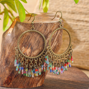 Bohemian Tassel Hoop Earrings Alloy Antique Bronze Plated <b>Colorful</b> <b>Beads</b> Women's Party Fashion Dangle Jewelry - Product Image 3