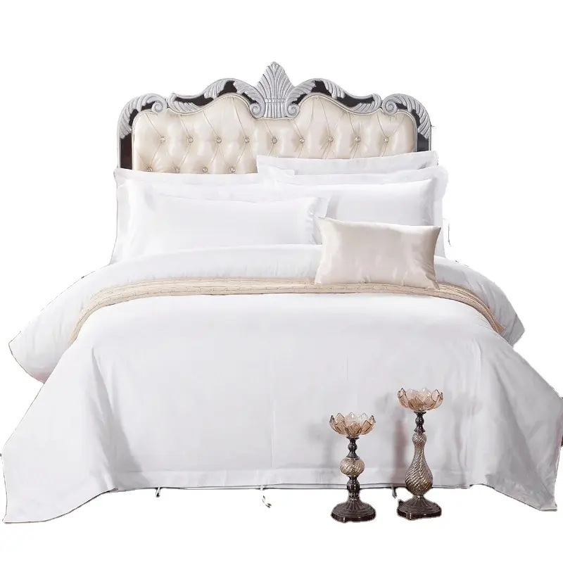 Juego de sábanas de cama para hotel, fundas de edredón planas y ajustadas de lujo, personalizadas, tamaño king, 100% algodón, color blanco, para Spa, venta al por mayor