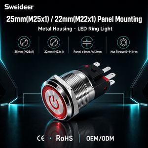 Interrupteur à bouton-poussoir en métal Sweideer 22mm 25mm, momentané ou à enclenchement, avec anneau LED en option, 1NO1NC 2NO, tête ronde, montage sur panneau, 10A 250VAC - Product Image 5