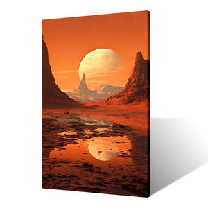 Impression sur toile suspendue carrée art déco avec peinture en aérosol de montagne extraterrestre ciel cramoisi silhouette planétaire - Product Image 4