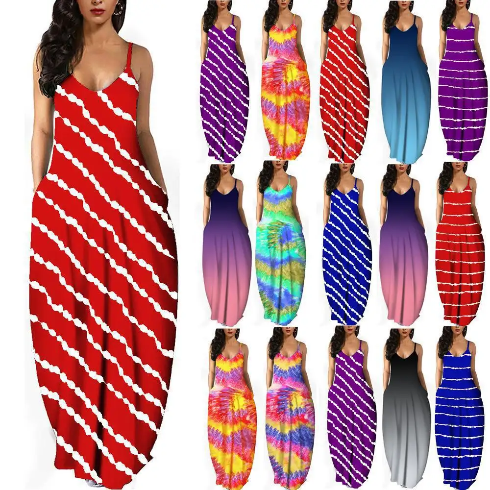 Plus Size 5XL Spaghetti Strap Tie Dye Maxi Dress Sexy Deep V Neck Casual Long Dresses Plus Size Women Clothing