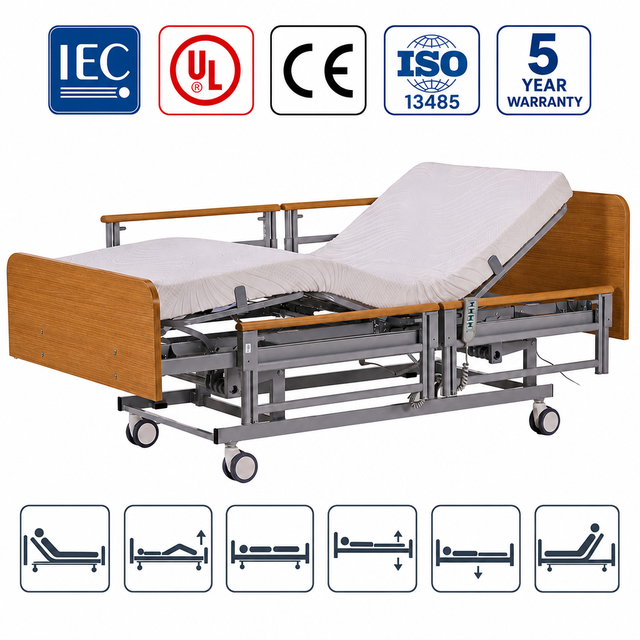 Electric Hospital Bed for Home Use 3 Function Care Bed Ultra-Quiet German Motor Locking Casters Home Care Bed for Elderly