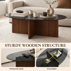 Oval Tempered Glass Handmade Modern Convertible Coffee Table Cross Solid Wood Base Heat Resistant Scratch-Proof Home Furniture - Product Image 3
