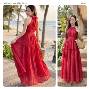 Boho Magenta Pink Textured Chiffon <b>Long</b> Dress Women Backless Tie Neck High Rise A Line Vacation Resort <b>Sundresses</b> - Product Image 5
